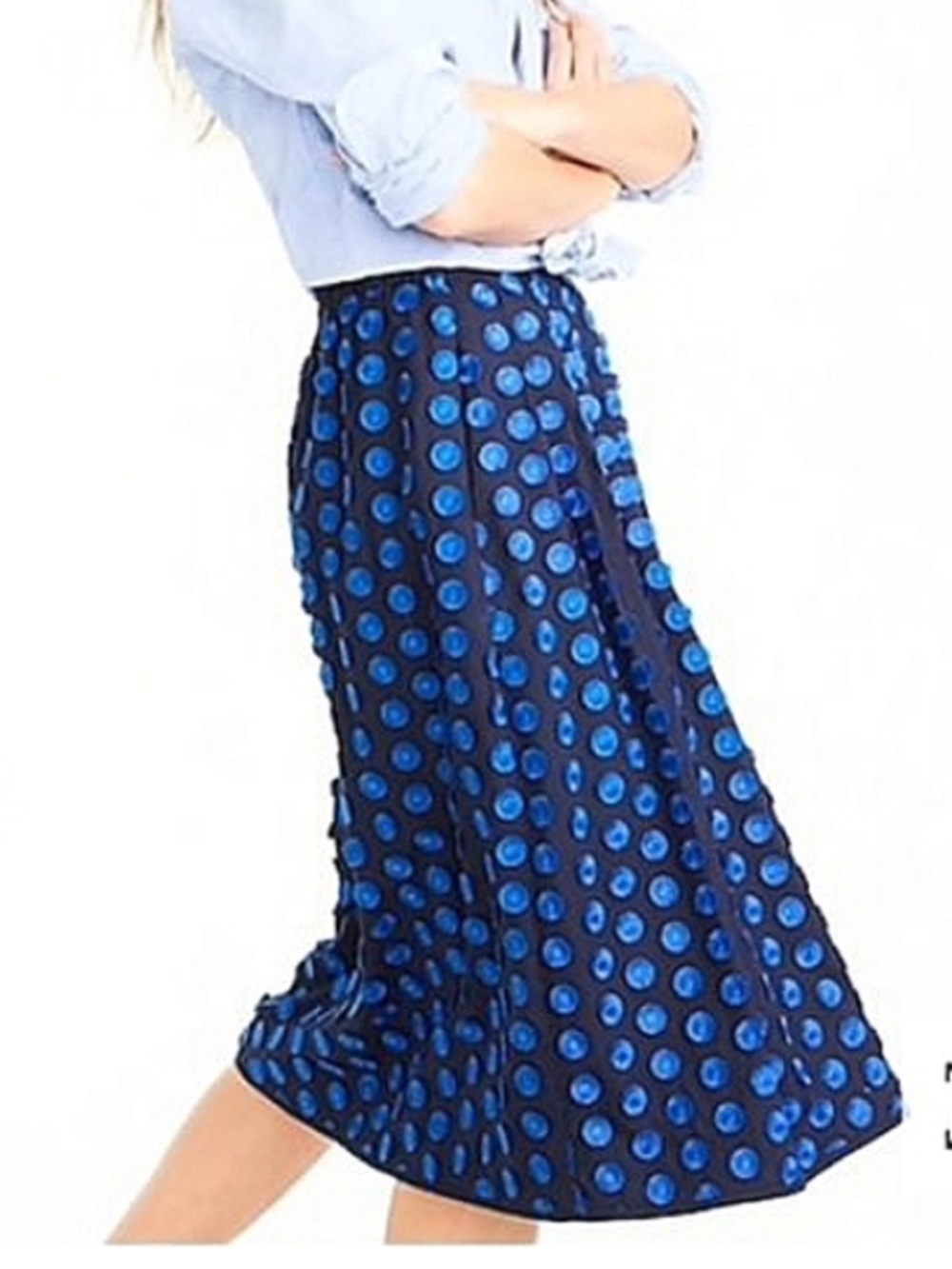 J. CREW BLUE FRINGE POLKA DOT MIDI SKIRT WHIMSICAL CASUAL OFFICE WEAR